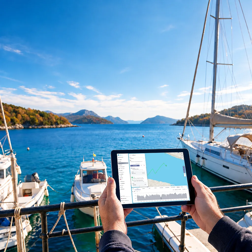 Vodja čarterske flote ob privezanih plovilih na tabličnem računalniku pregleduje lokacijo, pot in stanje plovila v sistemu GPS Marine